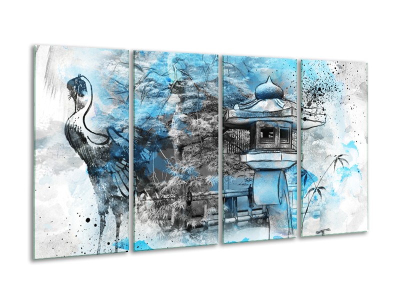 Canvas Schilderij Vogel, Chinese gebouw | Blauw, Zwart, Wit | 160x80cm 4Luik