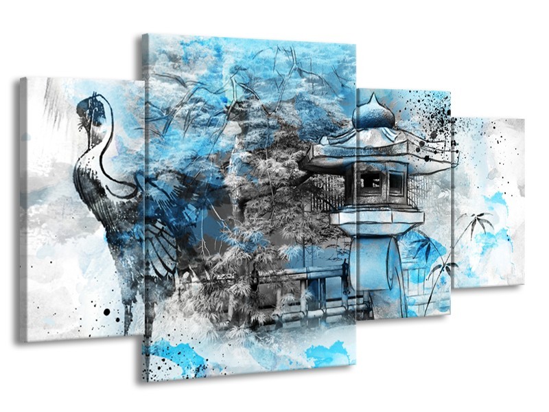 Canvas Schilderij Vogel, Chinese gebouw | Blauw, Zwart, Wit | 160x90cm 4Luik