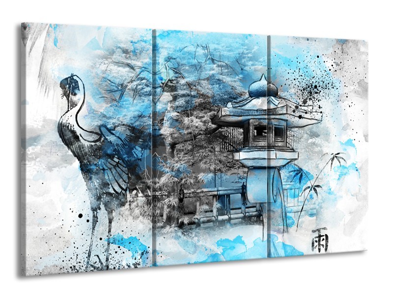 Canvas Schilderij Vogel, Chinese gebouw | Blauw, Zwart, Wit | 165x100cm 3Luik