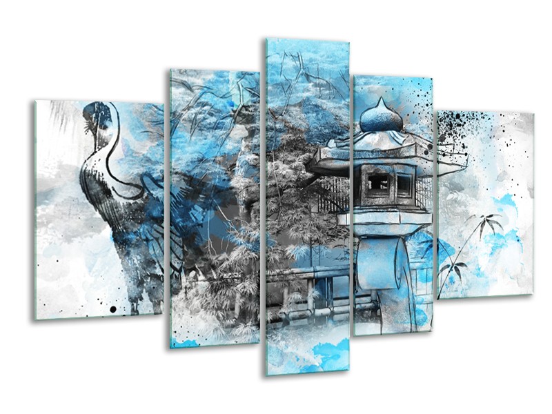 Canvas Schilderij Vogel, Chinese gebouw | Blauw, Zwart, Wit | 170x100cm 5Luik