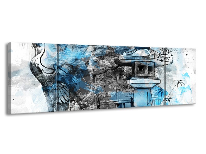 Canvas Schilderij Vogel, Chinese gebouw | Blauw, Zwart, Wit | 170x50cm 3Luik