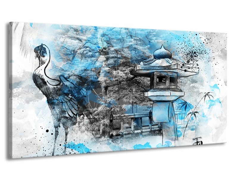 Canvas Schilderij Vogel, Chinese gebouw | Blauw, Zwart, Wit | 170x90cm 1Luik
