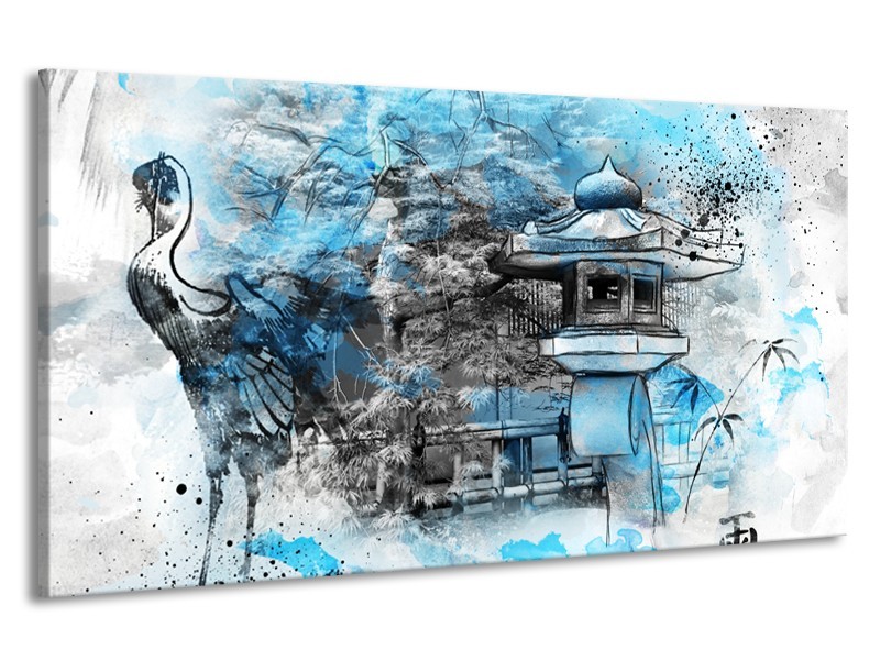 Canvas Schilderij Vogel, Chinese gebouw | Blauw, Zwart, Wit | 190x100cm 1Luik