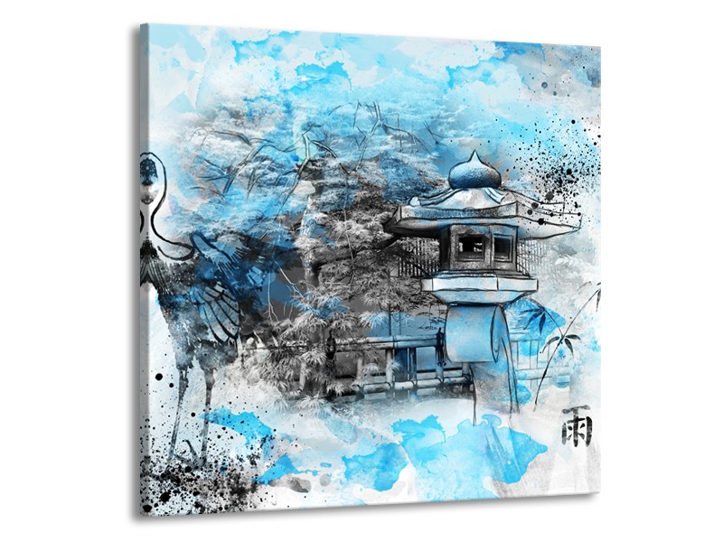 Glasschilderij Vogel, Chinese gebouw | Blauw, Zwart, Wit | 50x50cm 1Luik