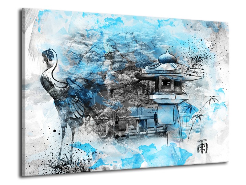 Glasschilderij Vogel, Chinese gebouw | Blauw, Zwart, Wit | 70x50cm 1Luik