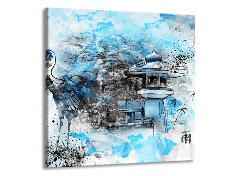 Glasschilderij Vogel, Chinese gebouw | Blauw, Zwart, Wit | 70x70cm 1Luik