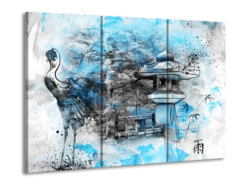 Glasschilderij Vogel, Chinese gebouw | Blauw, Zwart, Wit | 60x90cm 3Luik