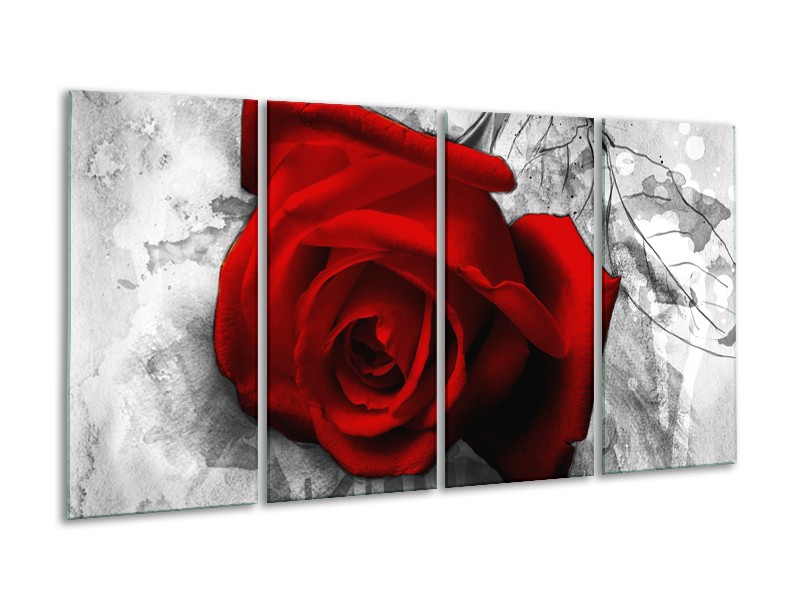 Glasschilderij Roos, Bloem | Rood, Zwart, Wit | 160x80cm 4Luik