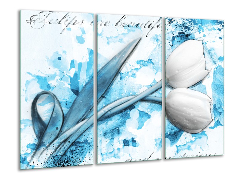 Canvas Schilderij Tulpen, Bloemen | Blauw, Wit | 120x80cm 3Luik