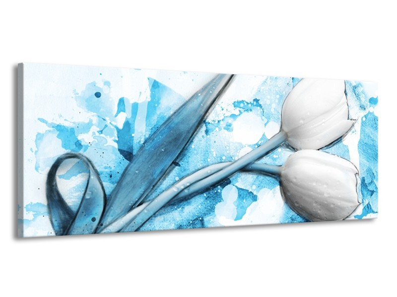 Canvas Schilderij Tulpen, Bloemen | Blauw, Wit | 145x58cm 1Luik
