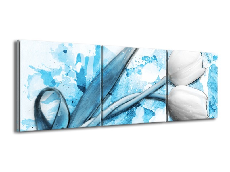 Canvas Schilderij Tulpen, Bloemen | Blauw, Wit | 150x50cm 3Luik