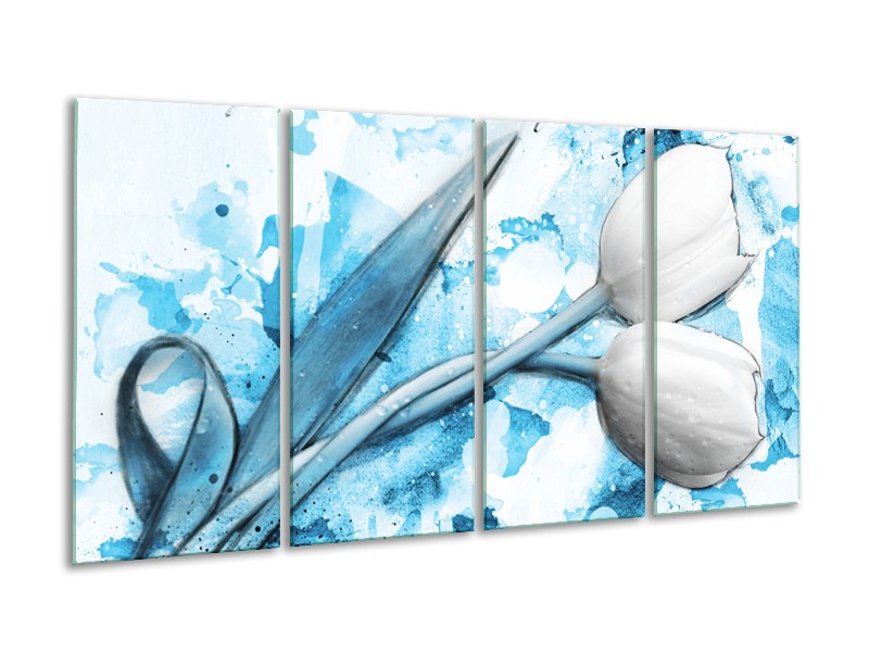 Canvas Schilderij Tulpen, Bloemen | Blauw, Wit | 160x80cm 4Luik