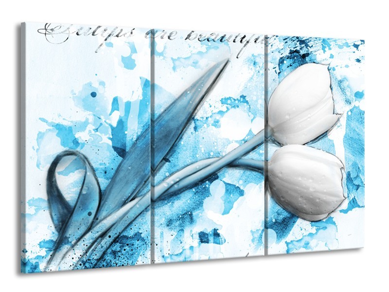 Canvas Schilderij Tulpen, Bloemen | Blauw, Wit | 165x100cm 3Luik