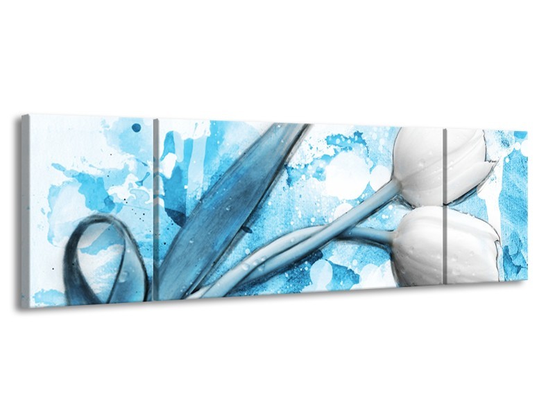 Canvas Schilderij Tulpen, Bloemen | Blauw, Wit | 170x50cm 3Luik