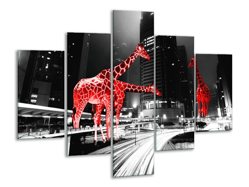 Canvas Schilderij Steden, Giraffe | Zwart, Wit, Rood | 100x70cm 5Luik