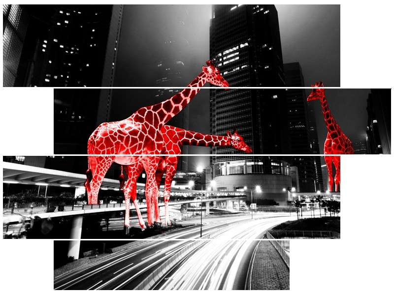 Glasschilderij Steden, Giraffe | Zwart, Wit, Rood | 115x85cm 4Luik