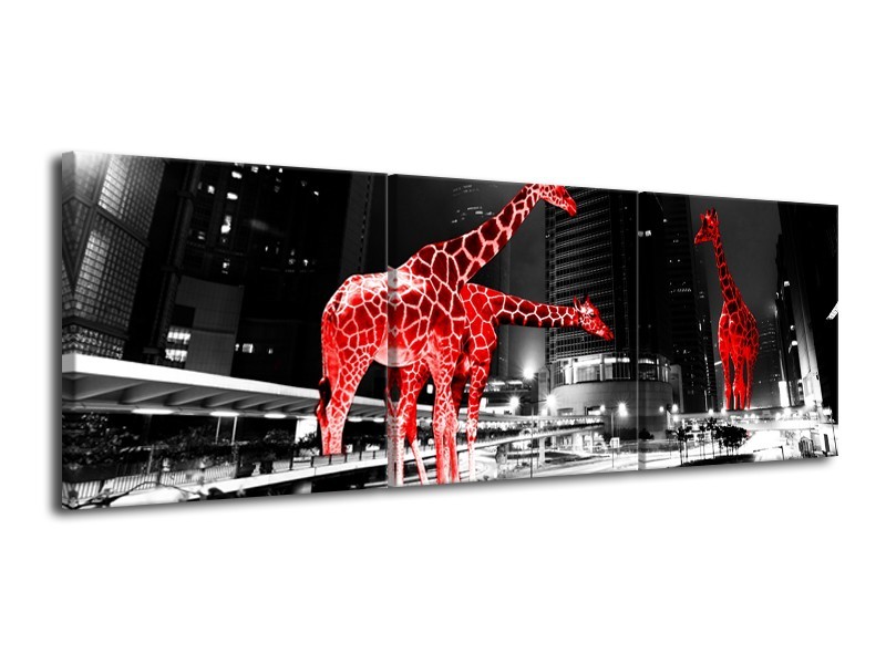 Canvas Schilderij Steden, Giraffe | Zwart, Wit, Rood | 120x40cm 3Luik