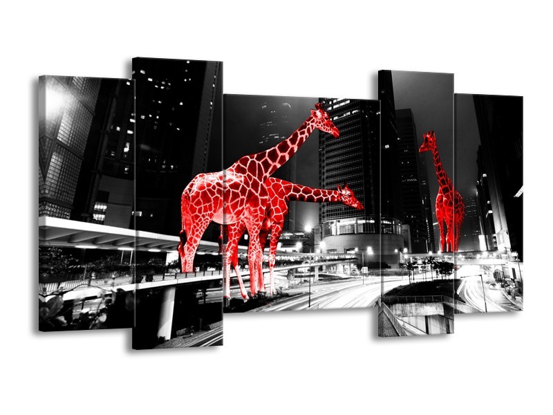 Canvas Schilderij Steden, Giraffe | Zwart, Wit, Rood | 120x65cm 5Luik
