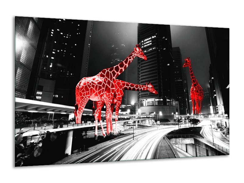 Canvas Schilderij Steden, Giraffe | Zwart, Wit, Rood | 120x70cm 1Luik