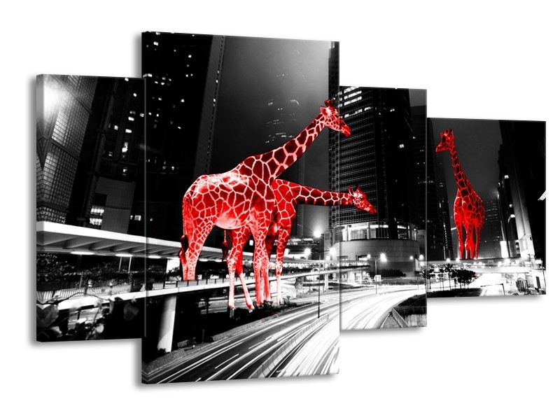 Canvas Schilderij Steden, Giraffe | Zwart, Wit, Rood | 120x75cm 4Luik