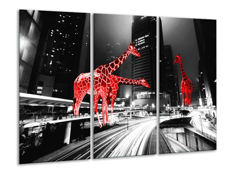 Canvas Schilderij Steden, Giraffe | Zwart, Wit, Rood | 120x80cm 3Luik