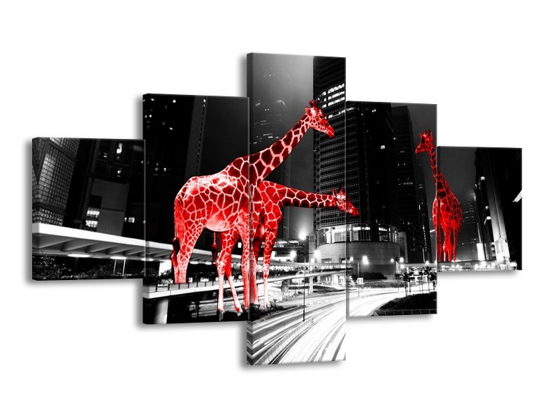 Canvas Schilderij Steden, Giraffe | Zwart, Wit, Rood | 125x70cm 5Luik
