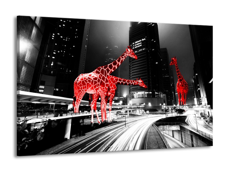 Canvas Schilderij Steden, Giraffe | Zwart, Wit, Rood | 140x90cm 1Luik