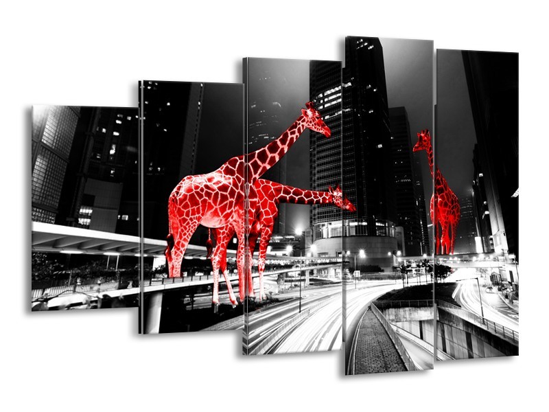 Canvas Schilderij Steden, Giraffe | Zwart, Wit, Rood | 150x100cm 5Luik