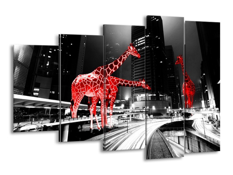Canvas Schilderij Steden, Giraffe | Zwart, Wit, Rood | 150x100cm 5Luik
