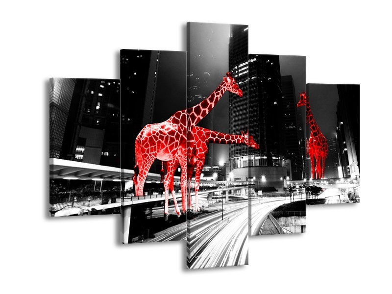 Canvas Schilderij Steden, Giraffe | Zwart, Wit, Rood | 150x105cm 5Luik