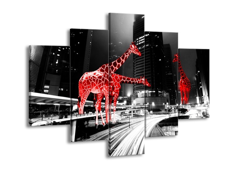 Glasschilderij Steden, Giraffe | Zwart, Wit, Rood | 150x105cm 5Luik