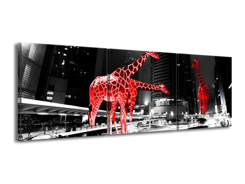 Canvas Schilderij Steden, Giraffe | Zwart, Wit, Rood | 150x50cm 3Luik
