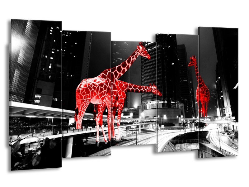 Canvas Schilderij Steden, Giraffe | Zwart, Wit, Rood | 150x80cm 5Luik