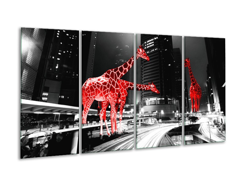 Glasschilderij Steden, Giraffe | Zwart, Wit, Rood | 160x80cm 4Luik