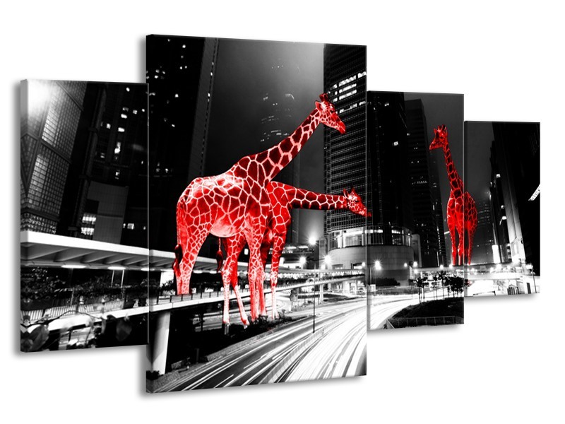 Canvas Schilderij Steden, Giraffe | Zwart, Wit, Rood | 160x90cm 4Luik