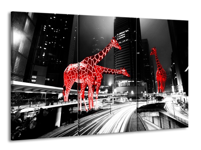 Canvas Schilderij Steden, Giraffe | Zwart, Wit, Rood | 165x100cm 3Luik