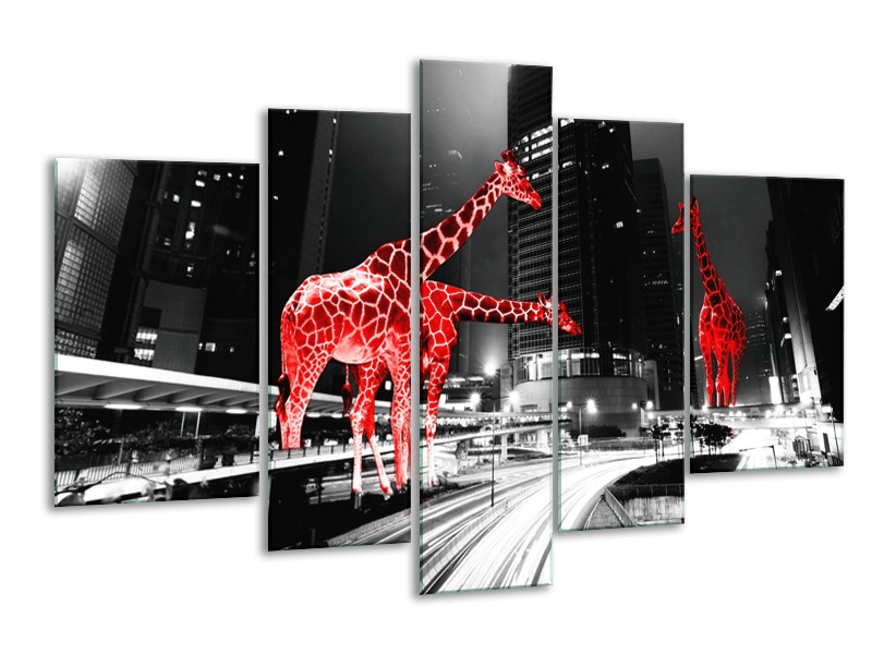 Canvas Schilderij Steden, Giraffe | Zwart, Wit, Rood | 170x100cm 5Luik