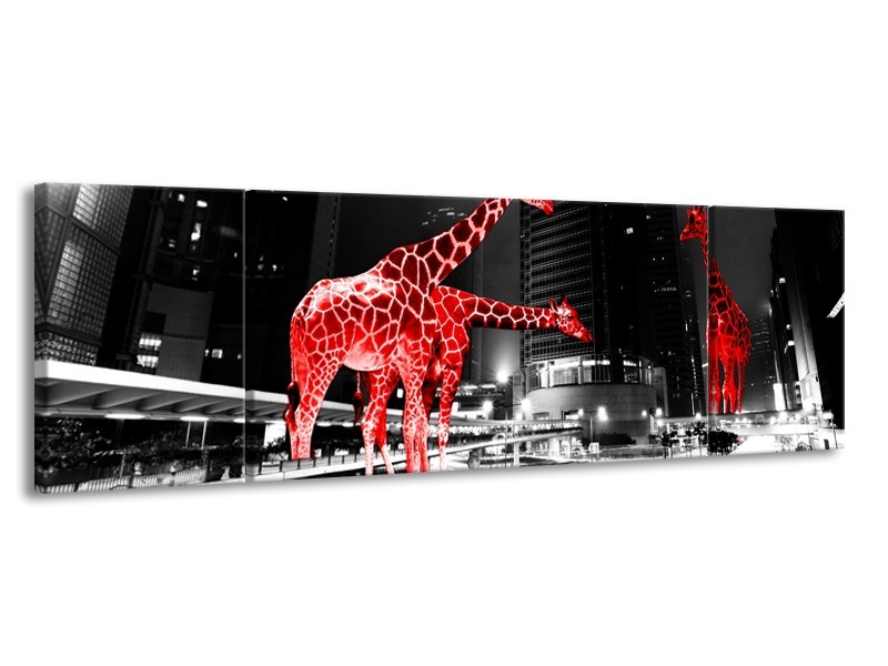 Canvas Schilderij Steden, Giraffe | Zwart, Wit, Rood | 170x50cm 3Luik