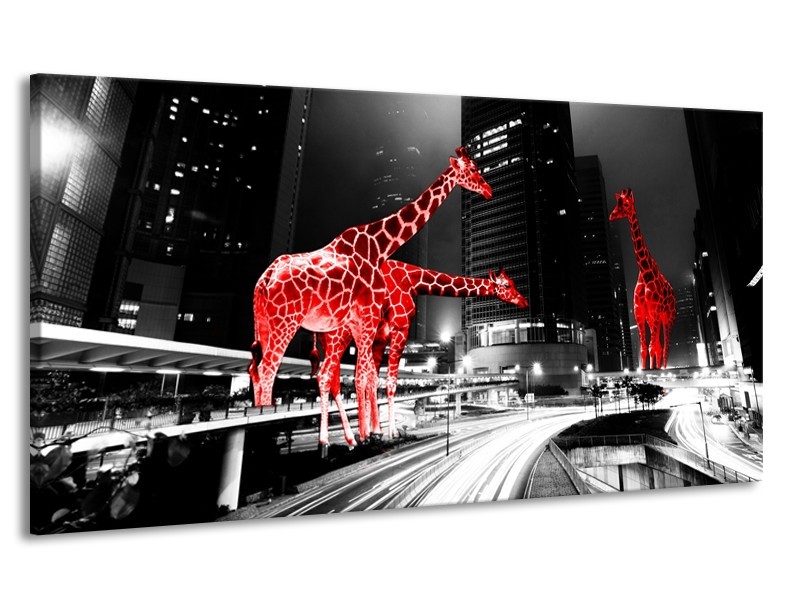 Canvas Schilderij Steden, Giraffe | Zwart, Wit, Rood | 170x90cm 1Luik