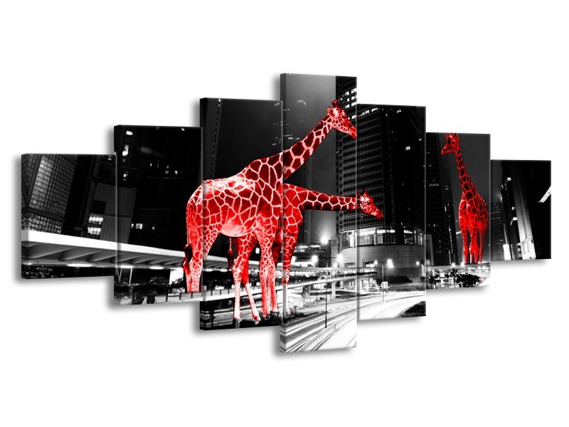 Canvas Schilderij Steden, Giraffe | Zwart, Wit, Rood | 210x100cm 7Luik