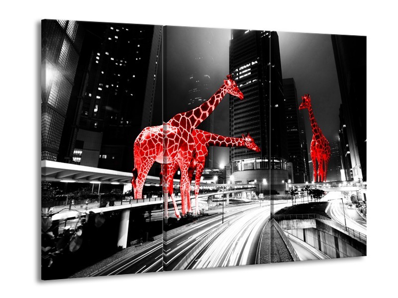 Canvas Schilderij Steden, Giraffe | Zwart, Wit, Rood | 60x90cm 3Luik