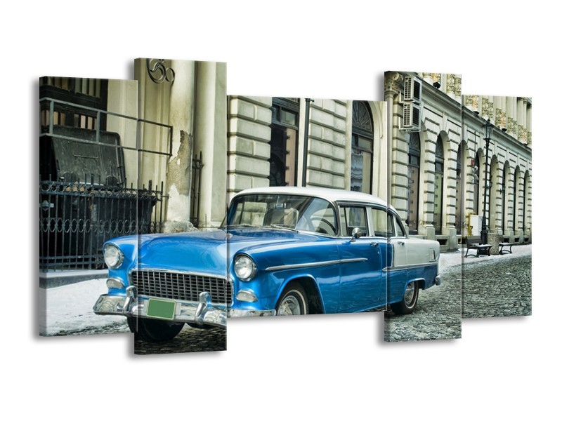 Glasschilderij Oldtimer, Auto | Blauw, Groen, Grijs | 120x65cm 5Luik