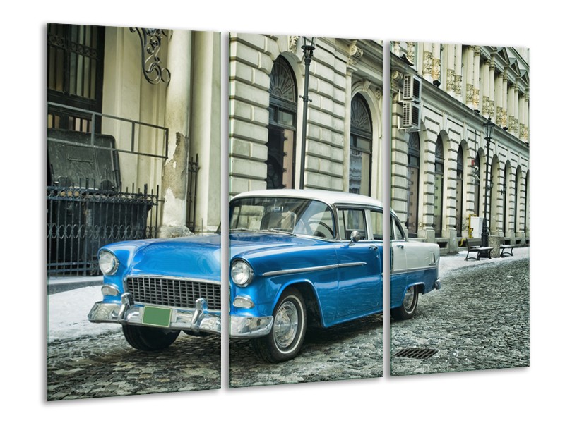 Glasschilderij Oldtimer, Auto | Blauw, Groen, Grijs | 120x80cm 3Luik