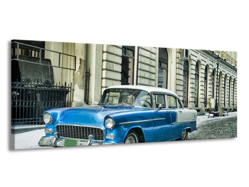 Canvas Schilderij Oldtimer, Auto | Blauw, Groen, Grijs | 145x58cm 1Luik