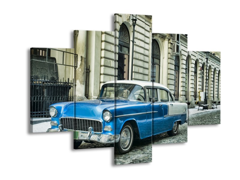 Canvas Schilderij Oldtimer, Auto | Blauw, Groen, Grijs | 150x105cm 5Luik