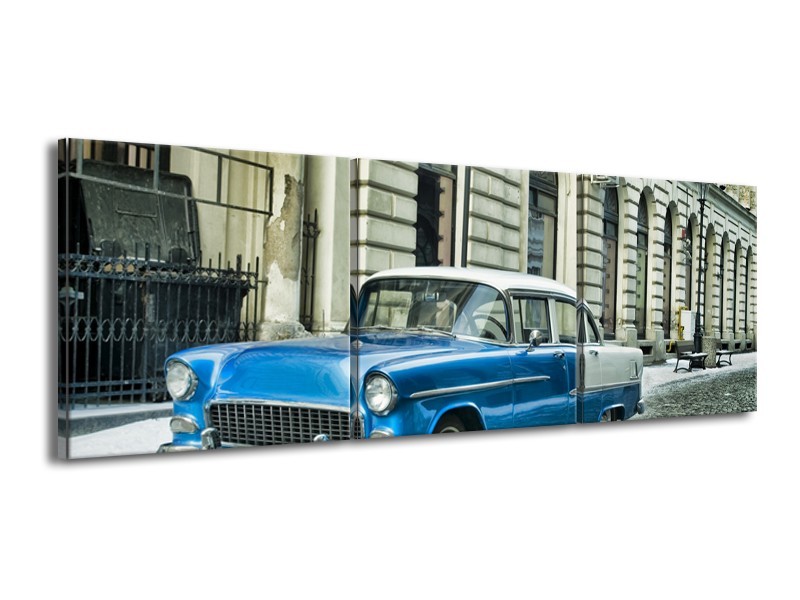 Canvas Schilderij Oldtimer, Auto | Blauw, Groen, Grijs | 150x50cm 3Luik