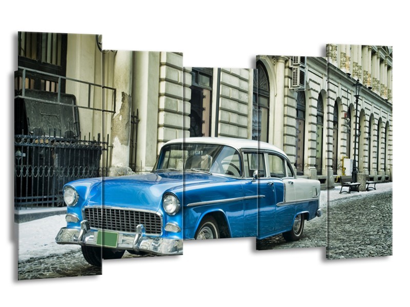 Canvas Schilderij Oldtimer, Auto | Blauw, Groen, Grijs | 150x80cm 5Luik