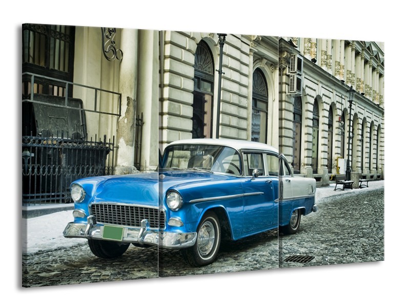 Canvas Schilderij Oldtimer, Auto | Blauw, Groen, Grijs | 165x100cm 3Luik