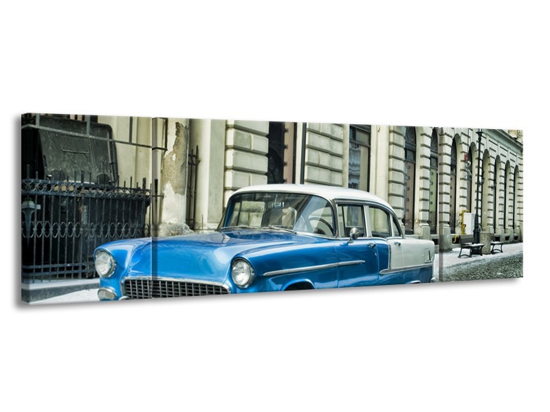 Glasschilderij Oldtimer, Auto | Blauw, Groen, Grijs | 170x50cm 3Luik