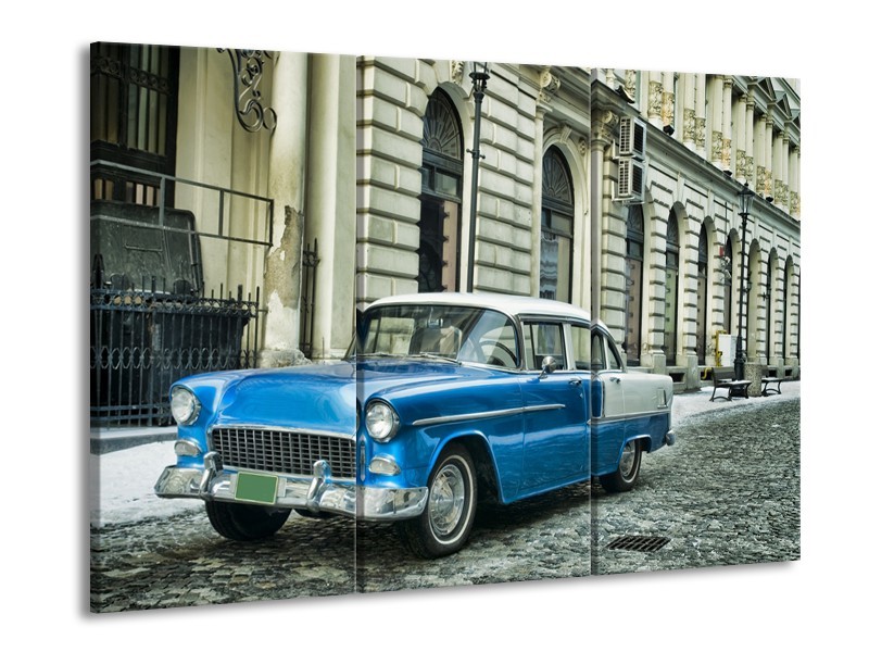 Canvas Schilderij Oldtimer, Auto | Blauw, Groen, Grijs | 60x90cm 3Luik